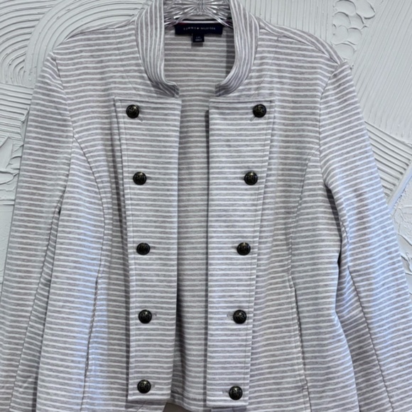 Tommy Hilfiger Women's Gray White Stripe SZ L Open Front Military Band Jacket - Picture 7 of 16